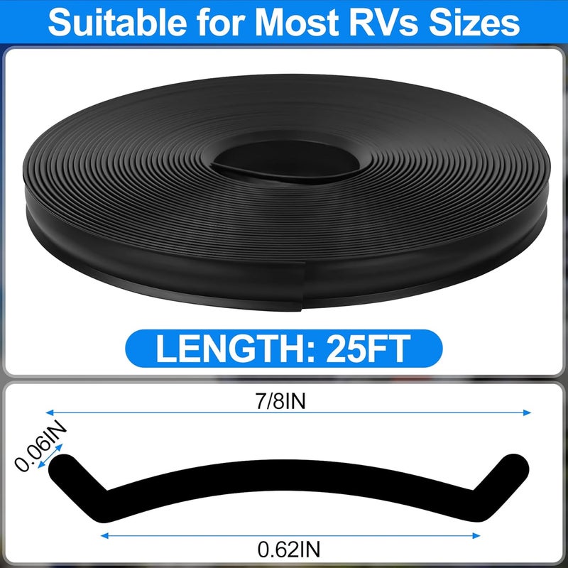 phepetroll 7/8" RV Trim Molding Insert, 25 FT Heavy Duty RV TPE Trim Molding Weather Stripping Exterior Replacement, Waterproof Screw Cover Corner for Camper Travel Trailer Boat Channel, Black - Image 2